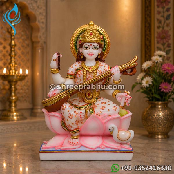 Painted Saraswati Marble Murti