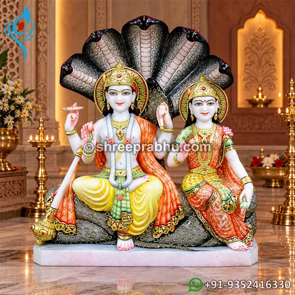 Colorful Marble Laxmi Narayan Statue with Sheshnag