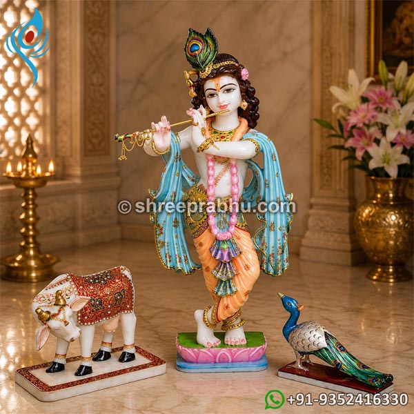 Krishna ji with cow and peacock murti