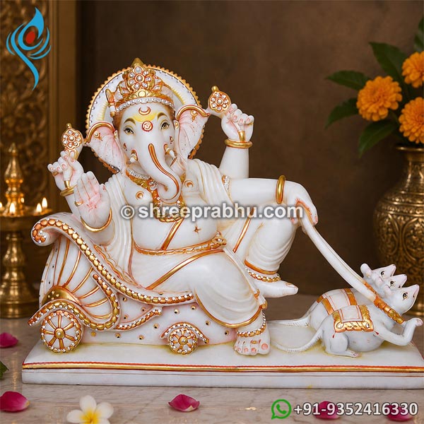 Marble Lord Ganesha Sitting on Chariot and Mouse