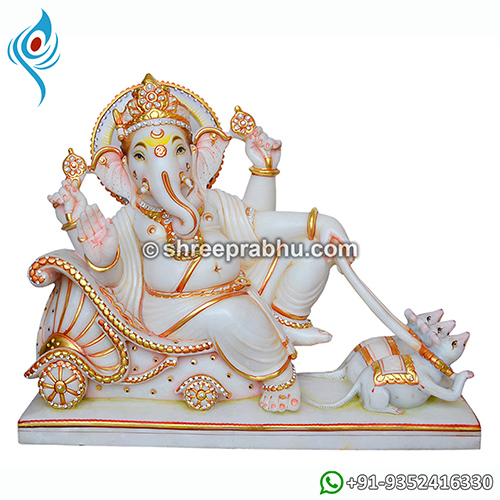 Marble Lord Ganesha Sitting on Chariot and Mouse