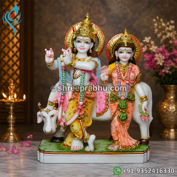 Marble Radha Krishna with Cow Statue 
