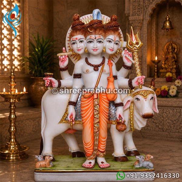 Painted Hindu Marble Dattatreya Statue