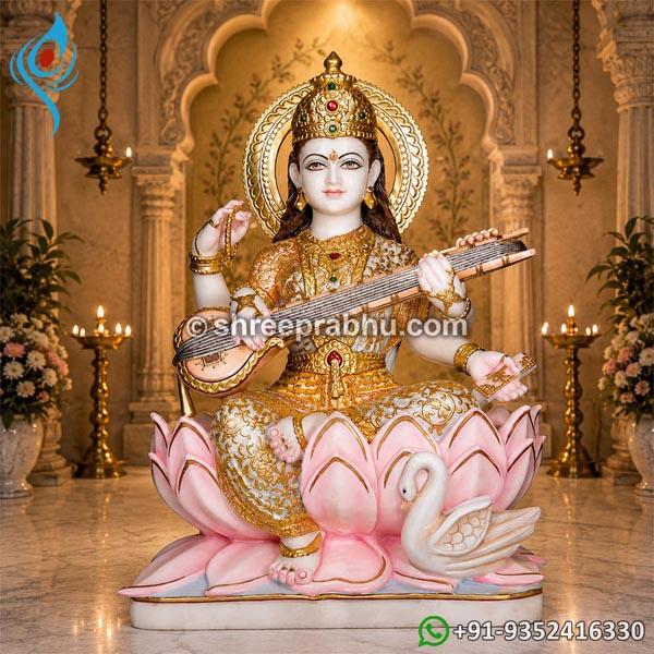 Saraswati mata statue with embossed painting