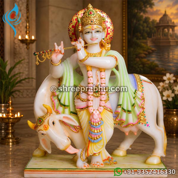 krishna ji marble murti with cow