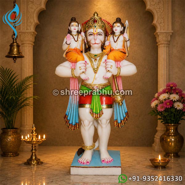 marble hanuman with ram laxman on shoulder